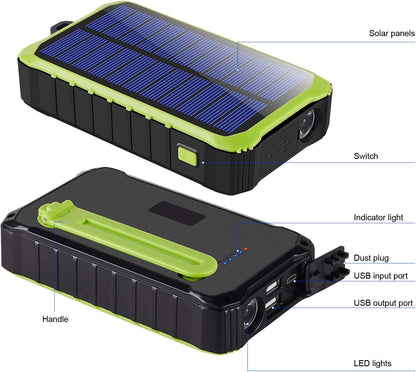 Batterie externe solaire CXYP 12 000 mAh avec double port USB et lampe LED pour téléphone (verte)