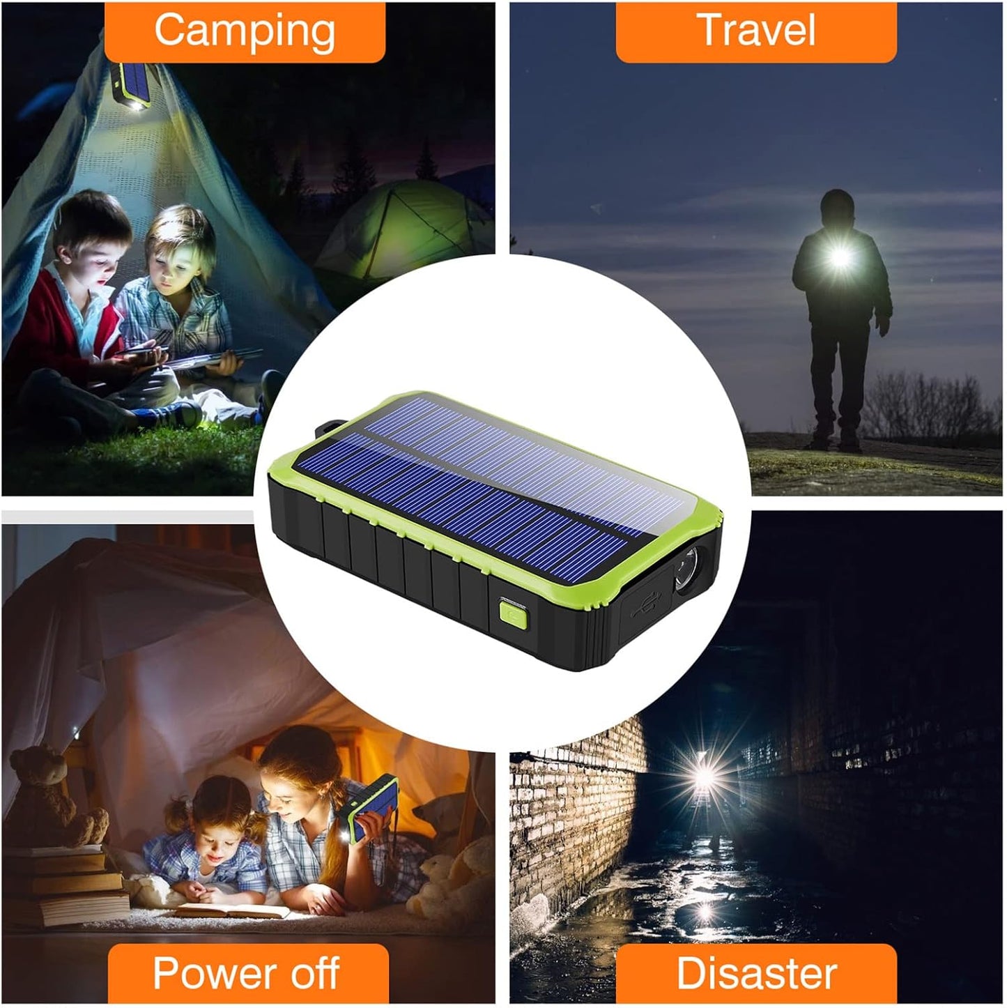 Batterie externe solaire CXYP 12 000 mAh avec double port USB et lampe LED pour téléphone (verte)