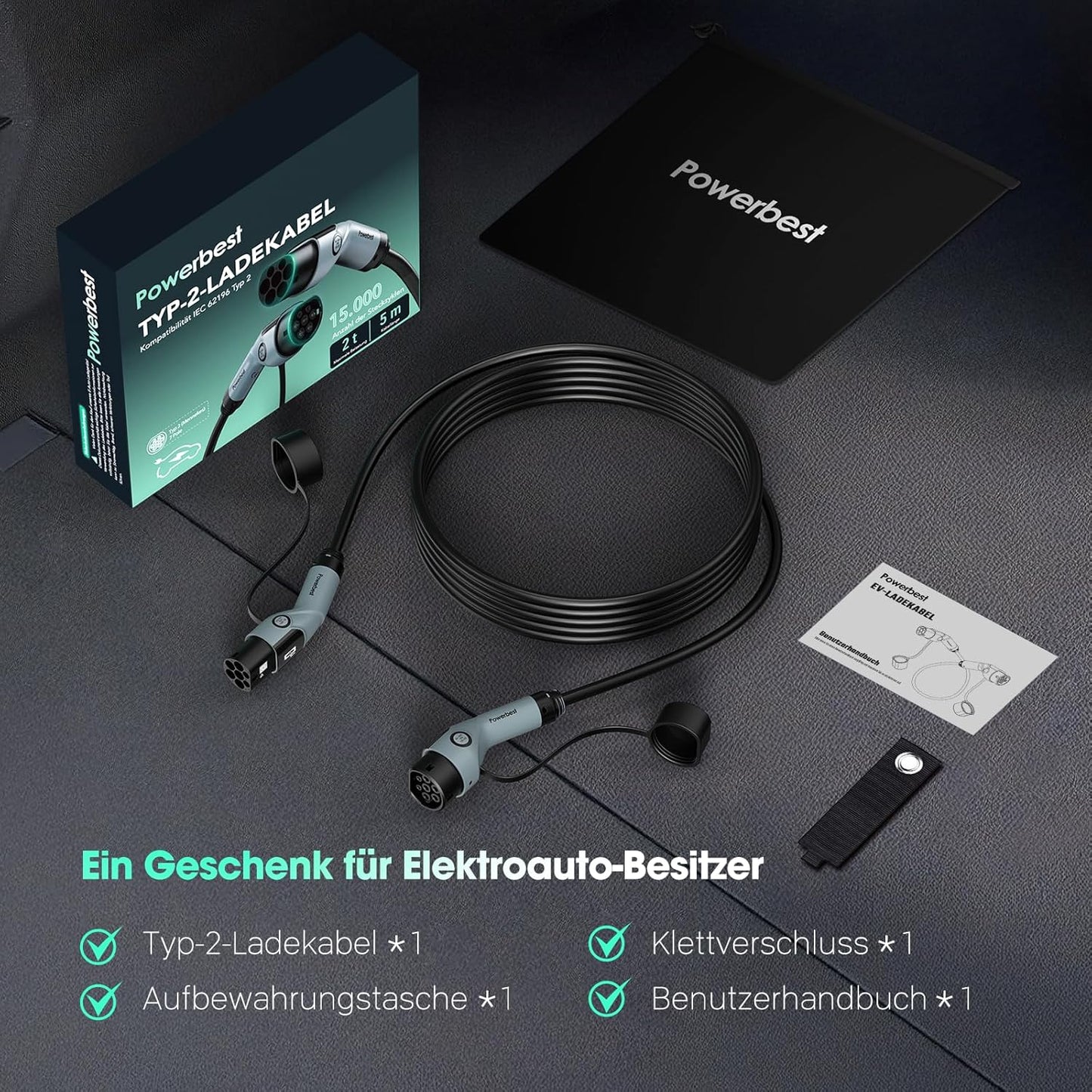 Powerbest Typ-2-Ladekabel, 11KW 5M 16A Dreiphasiges E-Auto-Ladekabel Typ 2