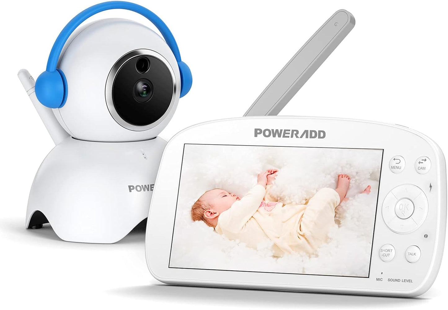 Poweradd Babyphone avec caméra 5,5 pouces Moniteur vidéo pour bébé 720P HD Farbdisplay, mode VOX, vision nocturne infrarouge, batterie 5000 mAh, portée 300M, fonction vocale de données, capteur de température et schlaflieder