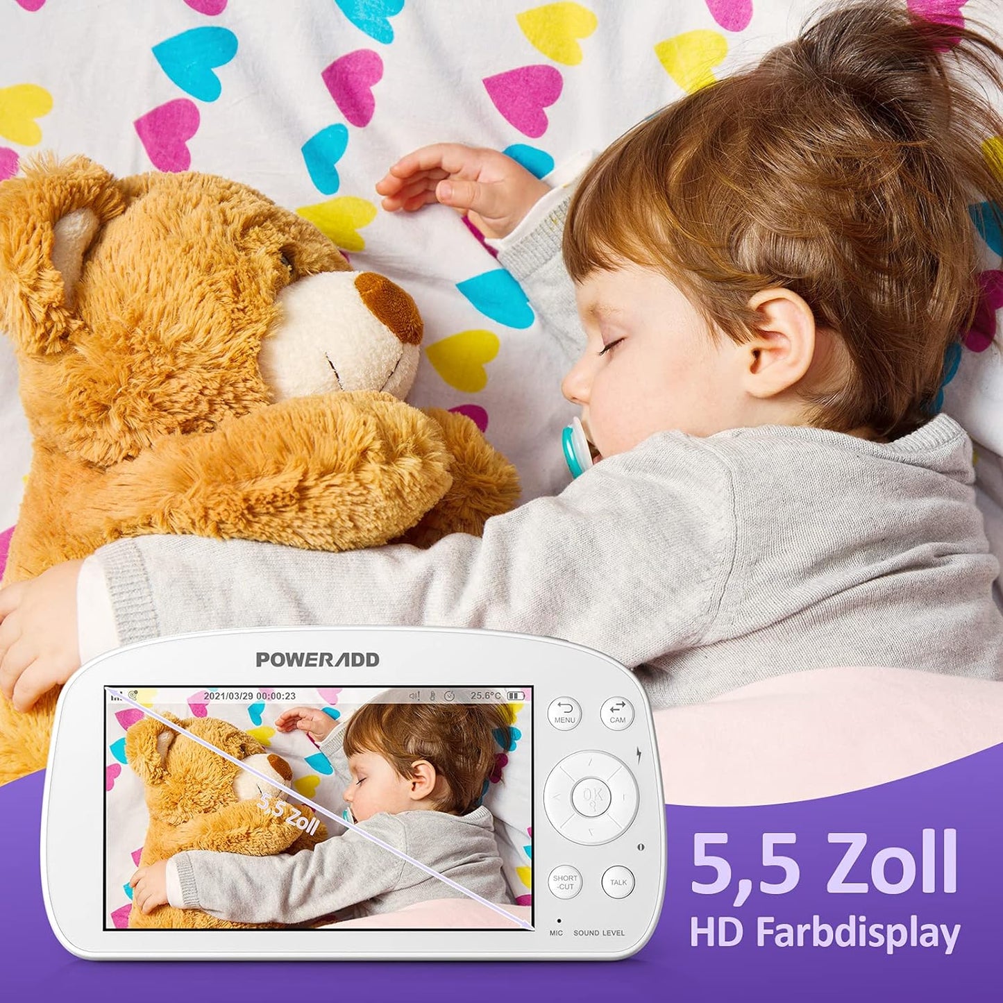 Poweradd Babyphone avec caméra 5,5 pouces Moniteur vidéo pour bébé 720P HD Farbdisplay, mode VOX, vision nocturne infrarouge, batterie 5000 mAh, portée 300M, fonction vocale de données, capteur de température et schlaflieder