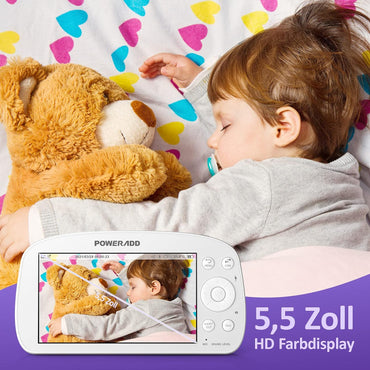 Poweradd Babyphone avec caméra 5,5 pouces Moniteur vidéo pour bébé 720P HD Farbdisplay, mode VOX, vision nocturne infrarouge, batterie 5000 mAh, portée 300M, fonction vocale de données, capteur de température et schlaflieder