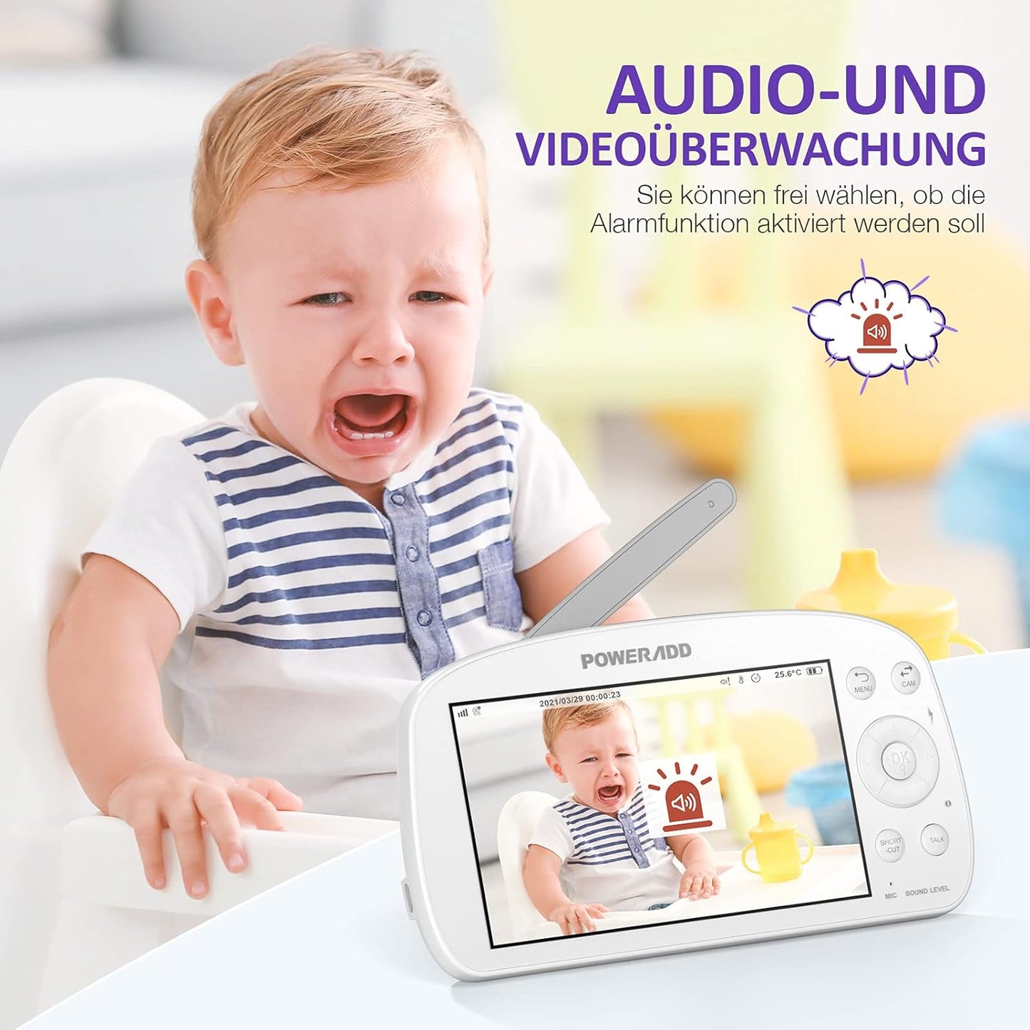 Poweradd Babyphone avec caméra 5,5 pouces Moniteur vidéo pour bébé 720P HD Farbdisplay, mode VOX, vision nocturne infrarouge, batterie 5000 mAh, portée 300M, fonction vocale de données, capteur de température et schlaflieder