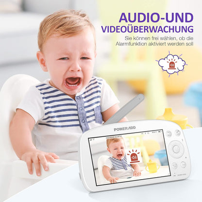 Poweradd Babyphone avec caméra 5,5 pouces Moniteur vidéo pour bébé 720P HD Farbdisplay, mode VOX, vision nocturne infrarouge, batterie 5000 mAh, portée 300M, fonction vocale de données, capteur de température et schlaflieder