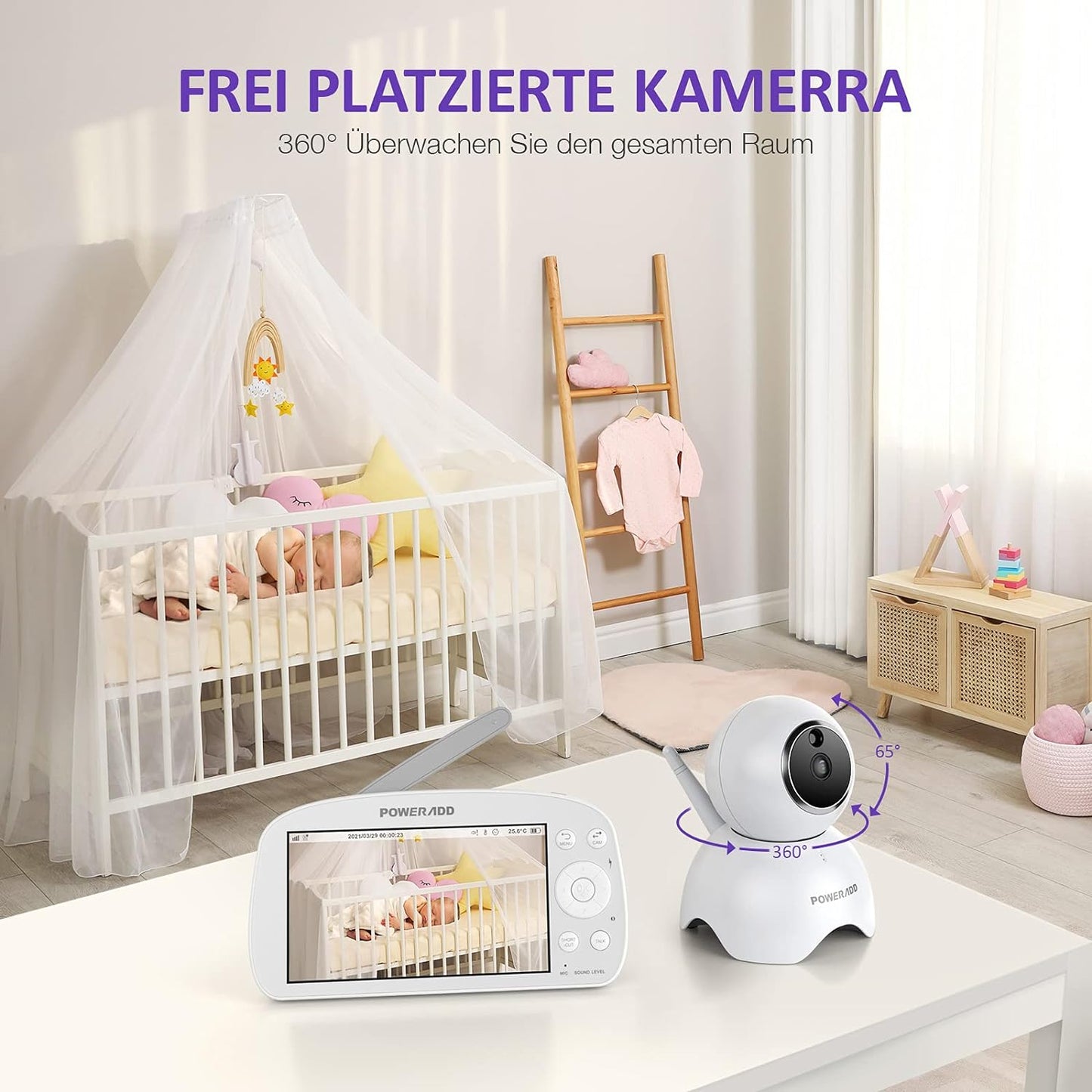 Poweradd Babyphone avec caméra 5,5 pouces Moniteur vidéo pour bébé 720P HD Farbdisplay, mode VOX, vision nocturne infrarouge, batterie 5000 mAh, portée 300M, fonction vocale de données, capteur de température et schlaflieder