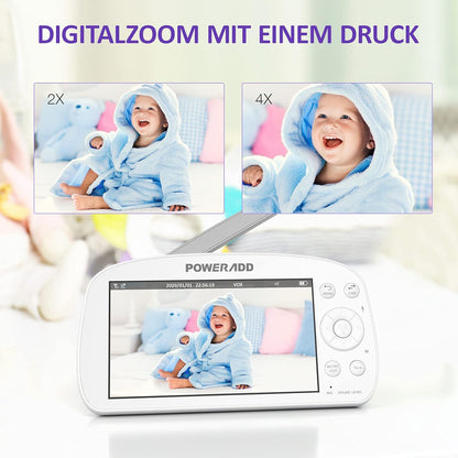 Poweradd Babyphone avec caméra 5,5 pouces Moniteur vidéo pour bébé 720P HD Farbdisplay, mode VOX, vision nocturne infrarouge, batterie 5000 mAh, portée 300M, fonction vocale de données, capteur de température et schlaflieder