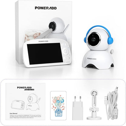 Poweradd Babyphone avec caméra 5,5 pouces Moniteur vidéo pour bébé 720P HD Farbdisplay, mode VOX, vision nocturne infrarouge, batterie 5000 mAh, portée 300M, fonction vocale de données, capteur de température et schlaflieder