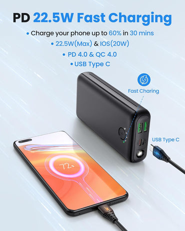 JIGA Powerbank 30000mAh – USB C 22,5 W mit Taschenlampe 3 Aus/ 2 Eingänge