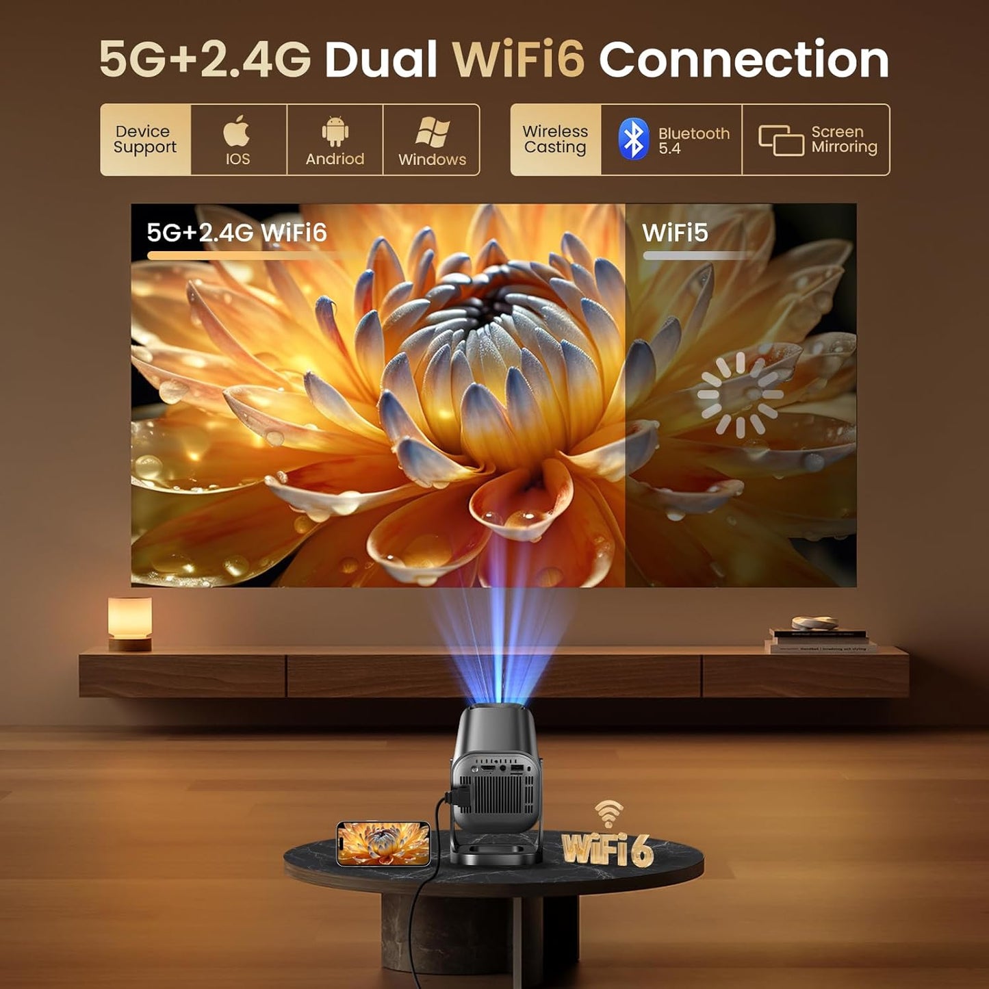 Mini Beamer 4k 1080P Unterstützung Bluetooth 5.4 270°