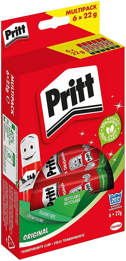 Pritt Klebestift, 6x 22g Kinderfreundlicher Kleber für Kunst Schule Büro Basteln