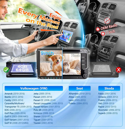 PORMIDO DAB+ Autoradio mit Bildschirm 9 Zoll 2DIN 4+64GB Android 13 für VW Golf 5 6 T5 Polo