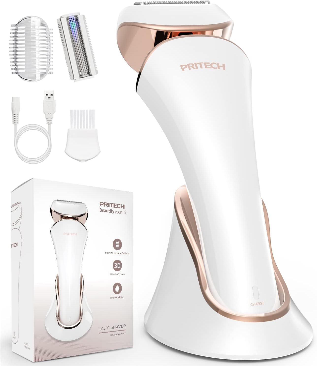 Pritech Elektrischer Rasierer für Frauen, Damenrasierer,schmerzlos, kabellos