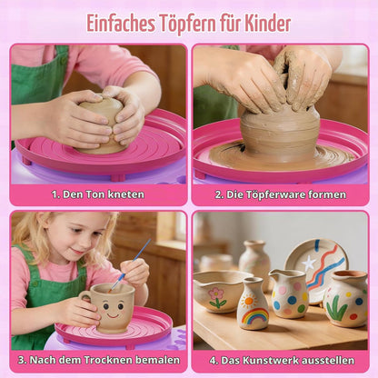  Töpferset für Kinder, Töpferscheibe & lufttrocknender Ton,Ohne Brennofen – härtet luftgetrocknet  6-12 J