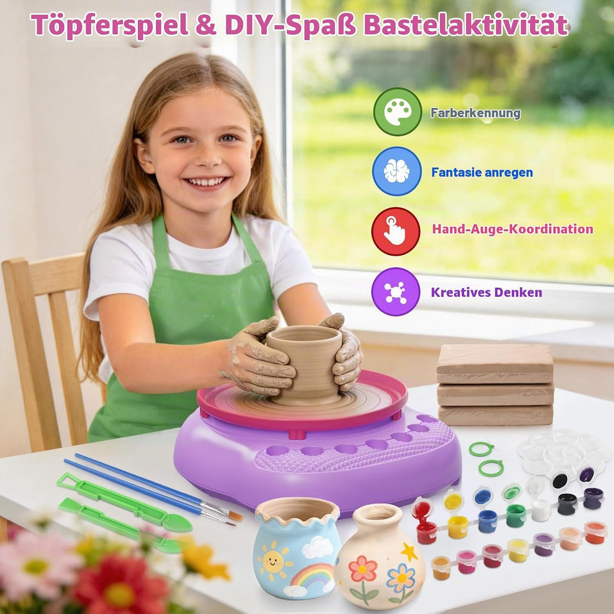  Töpferset für Kinder, Töpferscheibe & lufttrocknender Ton,Ohne Brennofen – härtet luftgetrocknet  6-12 J