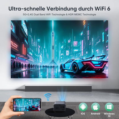 Purshe Mini Beamer 4K Unterstützt, 20000L Native 1080P WiFi6 Bluetooth Beamer,