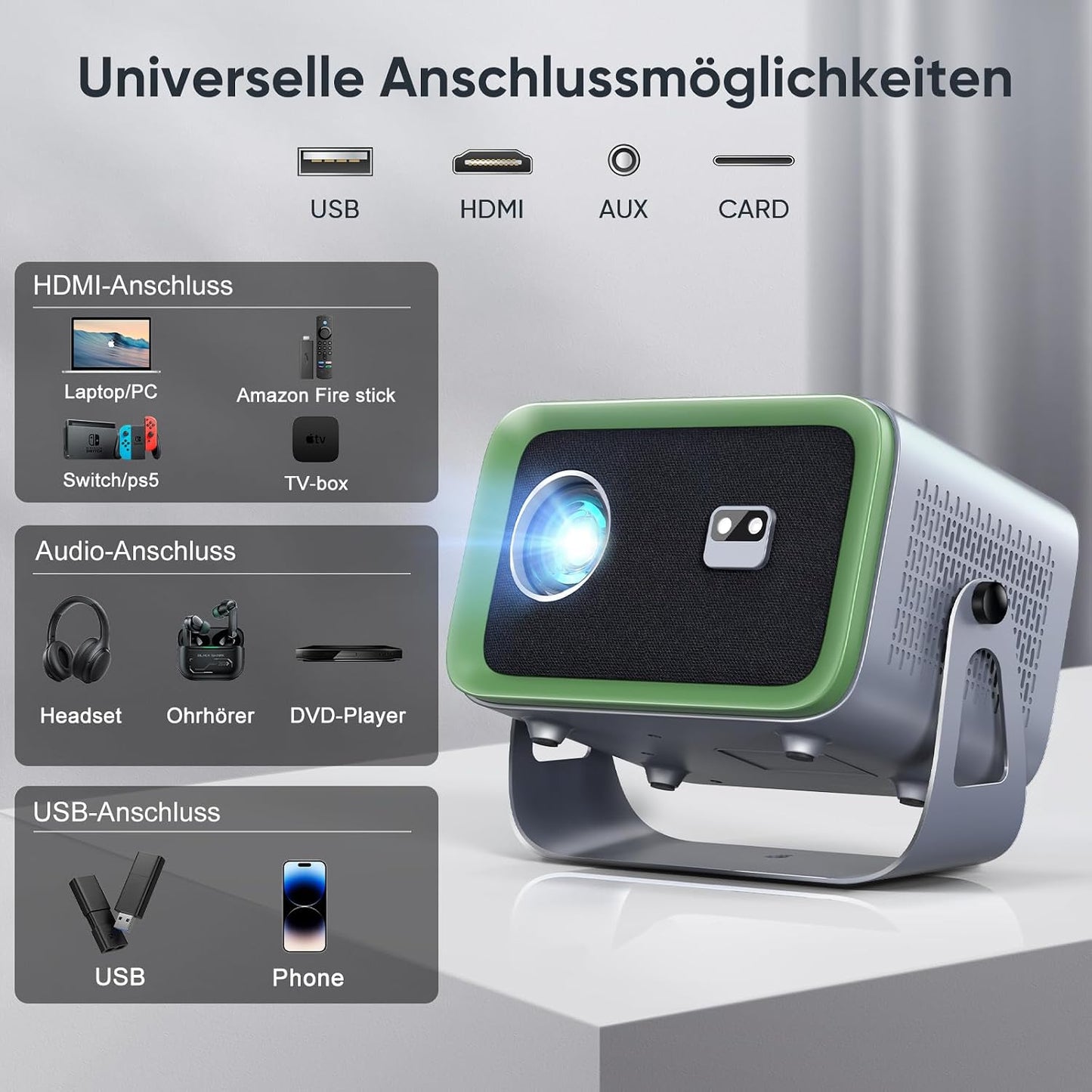 Purshe Mini Beamer 4K Unterstützt, 20000L Native 1080P WiFi6 Bluetooth Beamer,
