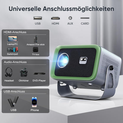 Purshe Mini Beamer 4K Unterstützt, 20000L Native 1080P WiFi6 Bluetooth Beamer,