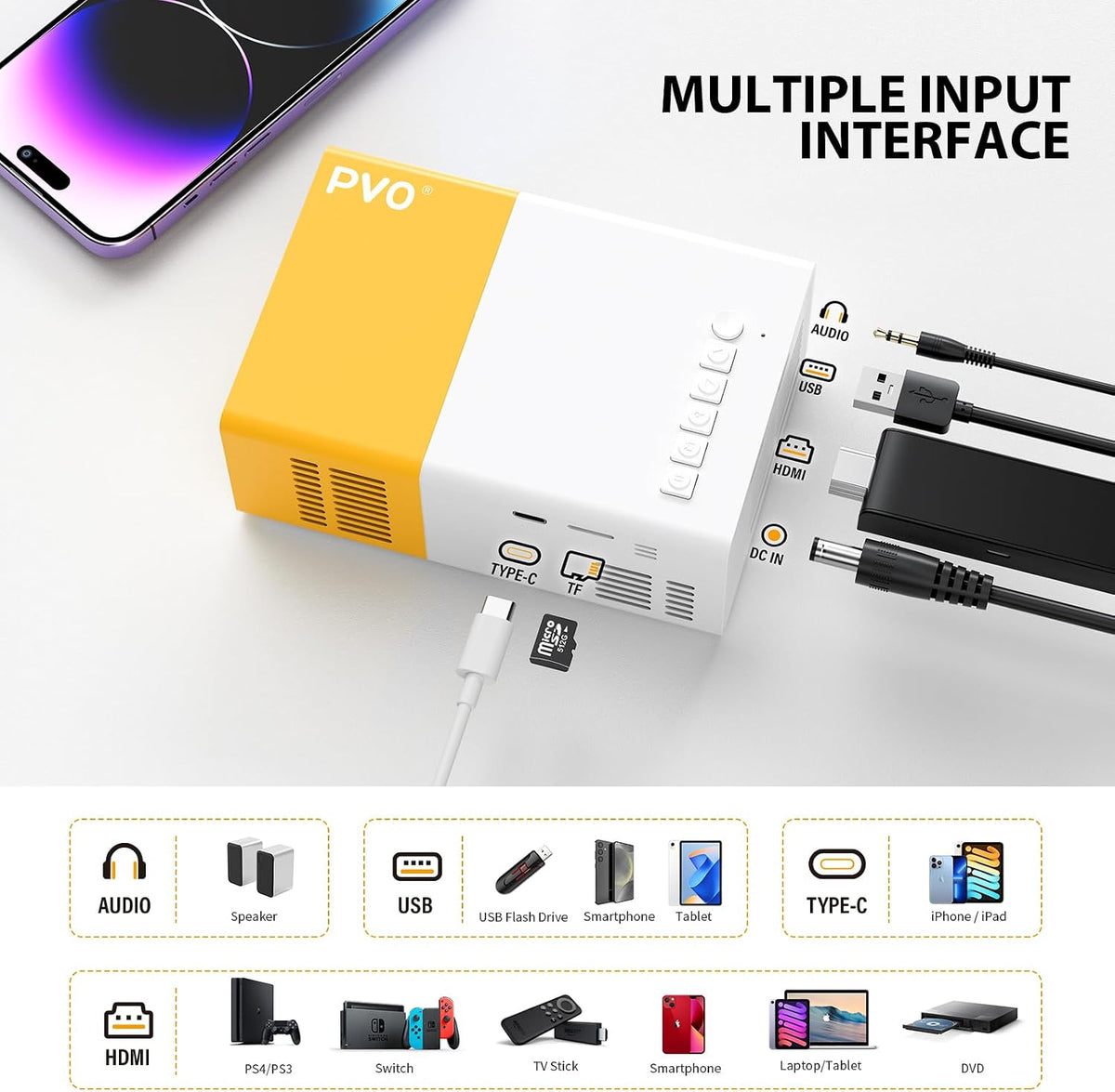 PVO YG300 Pro Mini Beamer, WiFi projektor Tragbarer Drahtlose Orange