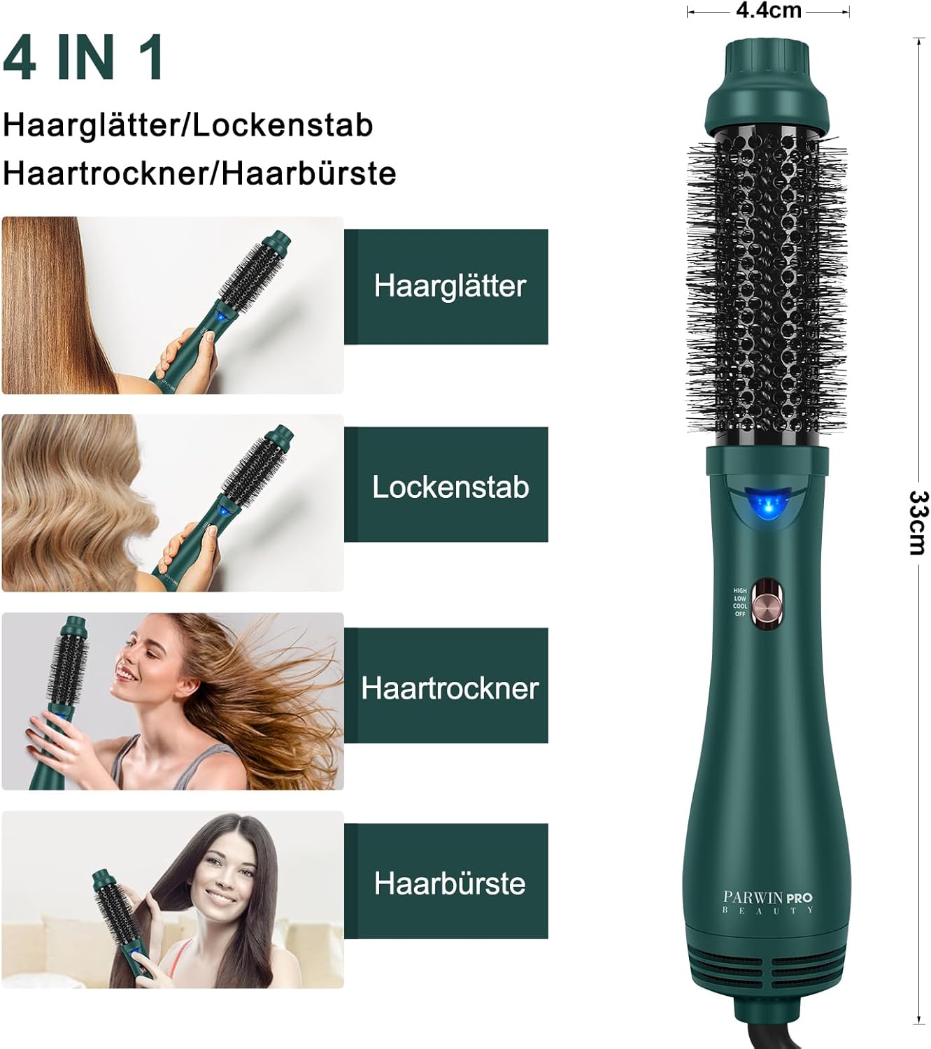 PARWIN PRO BEAUTY One-Step Warmluftbürste Ionen Föhnbürste,4 in 1,1000 Watt (Dunkelgrün)
