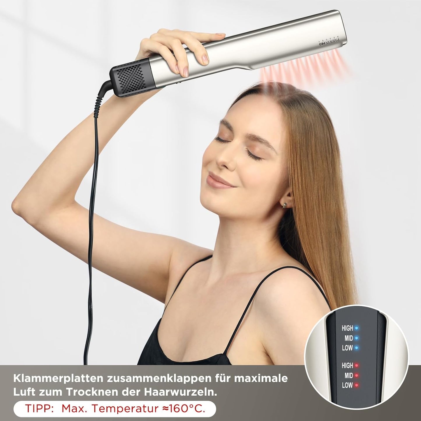 PARWIN PRO BEAUTY Air Haarglätter,  Ionen Air Glätteisen 1200W  160 ℃ Champagnersilber