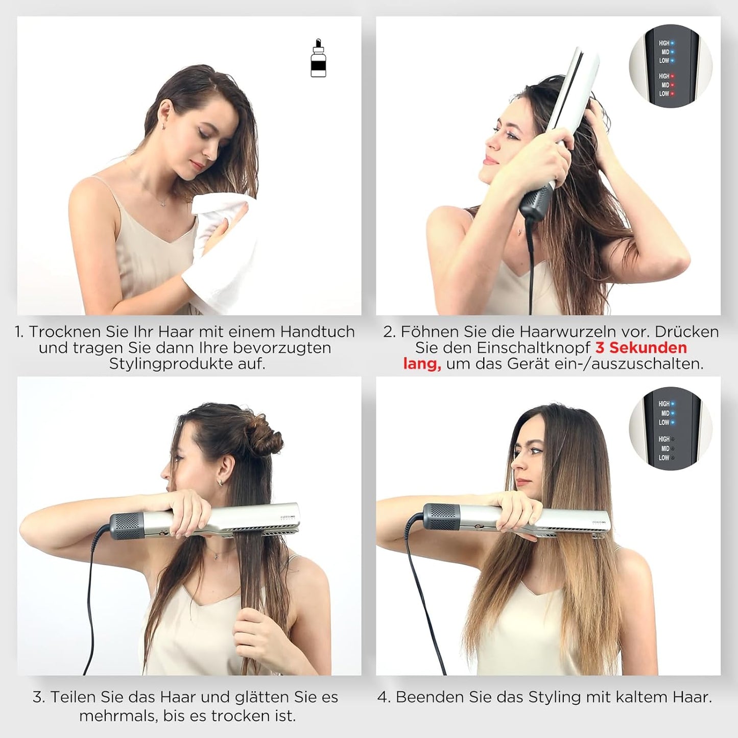 PARWIN PRO BEAUTY Air Haarglätter,  Ionen Air Glätteisen 1200W  160 ℃ Champagnersilber