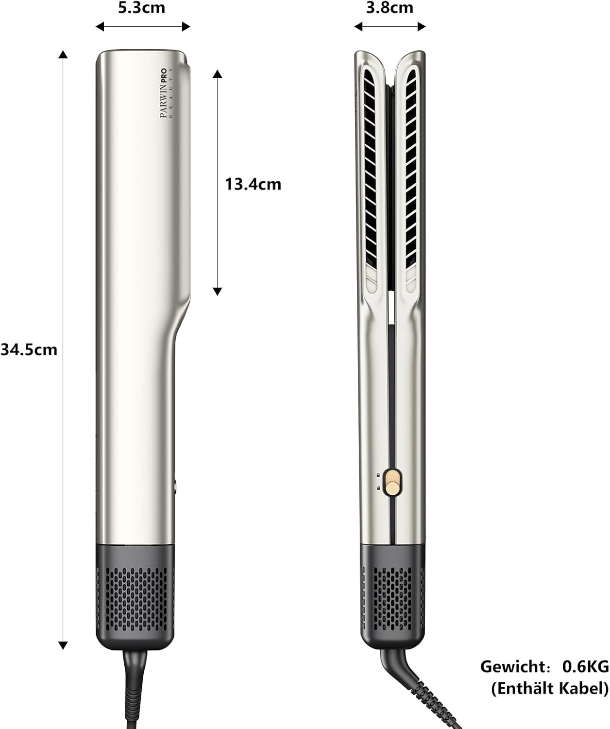 PARWIN PRO BEAUTY Air Haarglätter,  Ionen Air Glätteisen 1200W  160 ℃ Champagnersilber