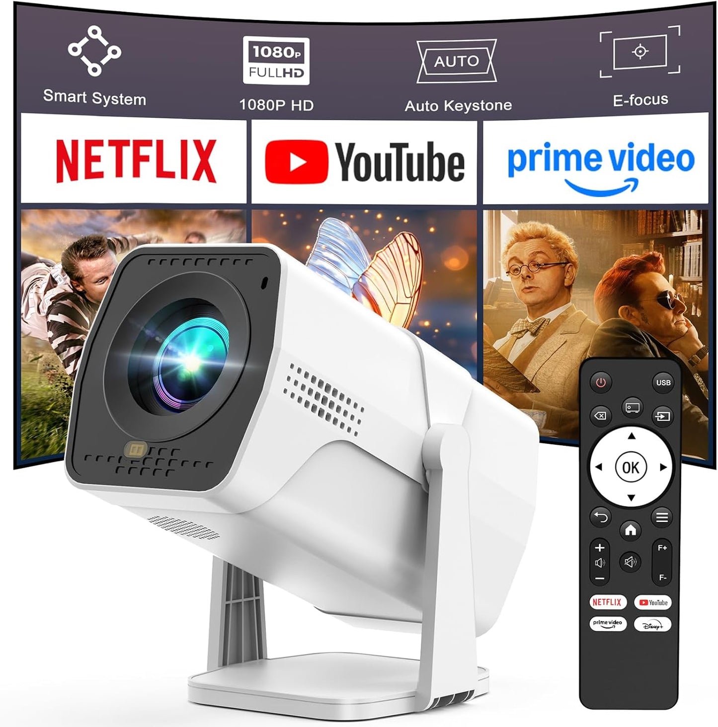PYIER Smart Beamer 1080P Kompatibel mit Netflix & Elektrischer Focus 270°Drehbar