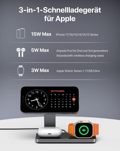 QTlier 3 in 1 iPhone Ladestation Kompatibel mit Magsafe Ladegerät für 18/17/16/15/14/13/12