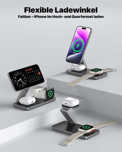 QTlier 3 in 1 iPhone Ladestation Kompatibel mit Magsafe Ladegerät für 18/17/16/15/14/13/12