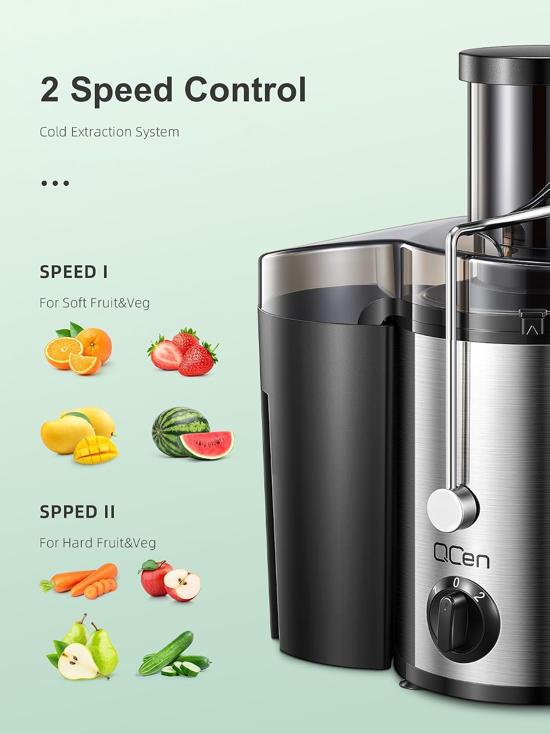 QCen Zentrifugal Entsafter 500W, 76mm Einfüllöffnung, Edelstahl Dual-Speed