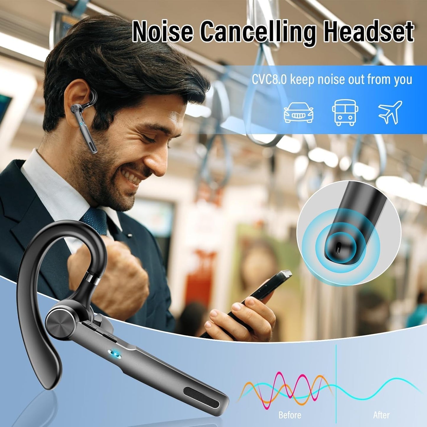Qecnato G2 Bluetooth Headset Wireless Freisprech Telefon, 5.3 mit 60H Spielzeit