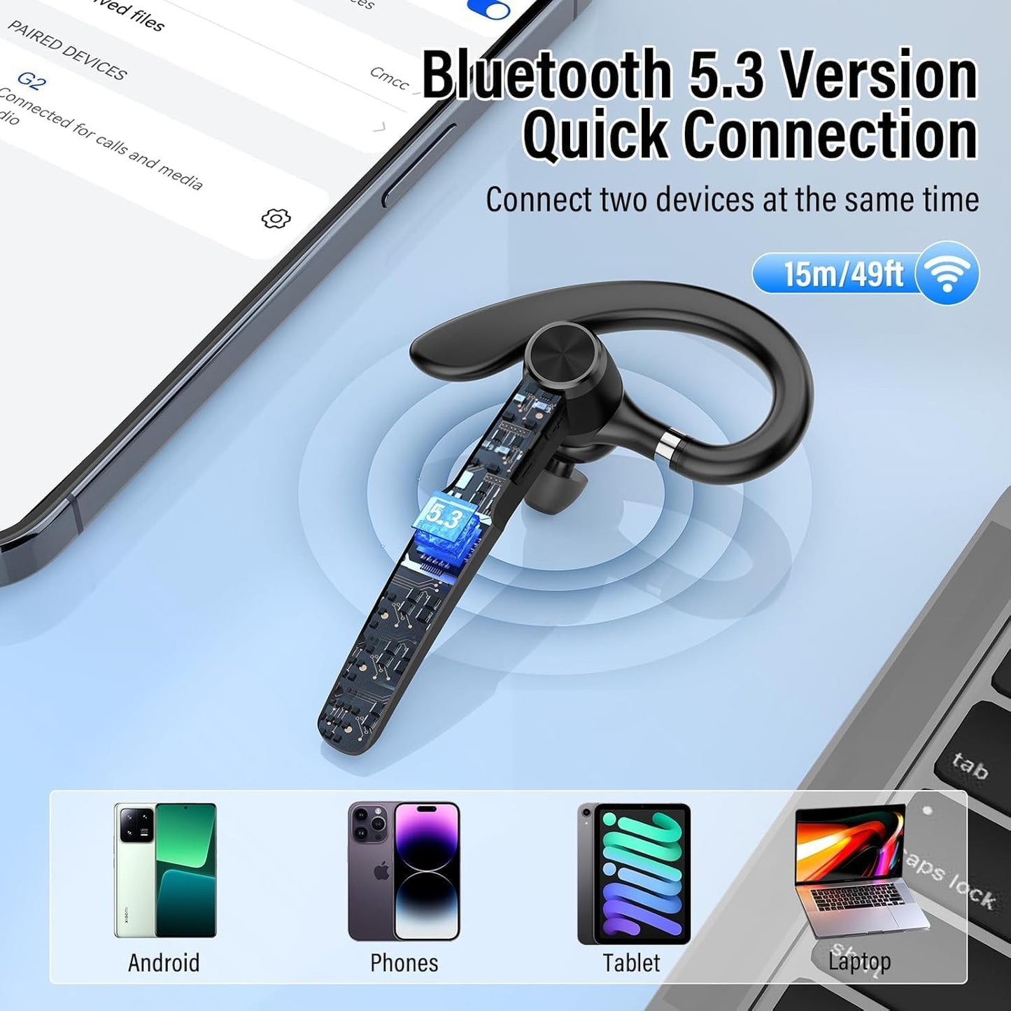 Qecnato G2 Bluetooth Headset Wireless Freisprech Telefon, 5.3 mit 60H Spielzeit