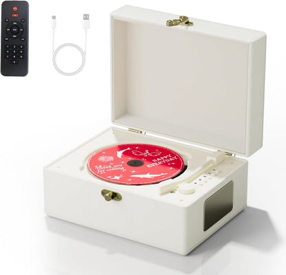 Rexitee wiederaufladbarer CD-Player aus Leder mit Lautsprechern, Bluetooth,Weiß