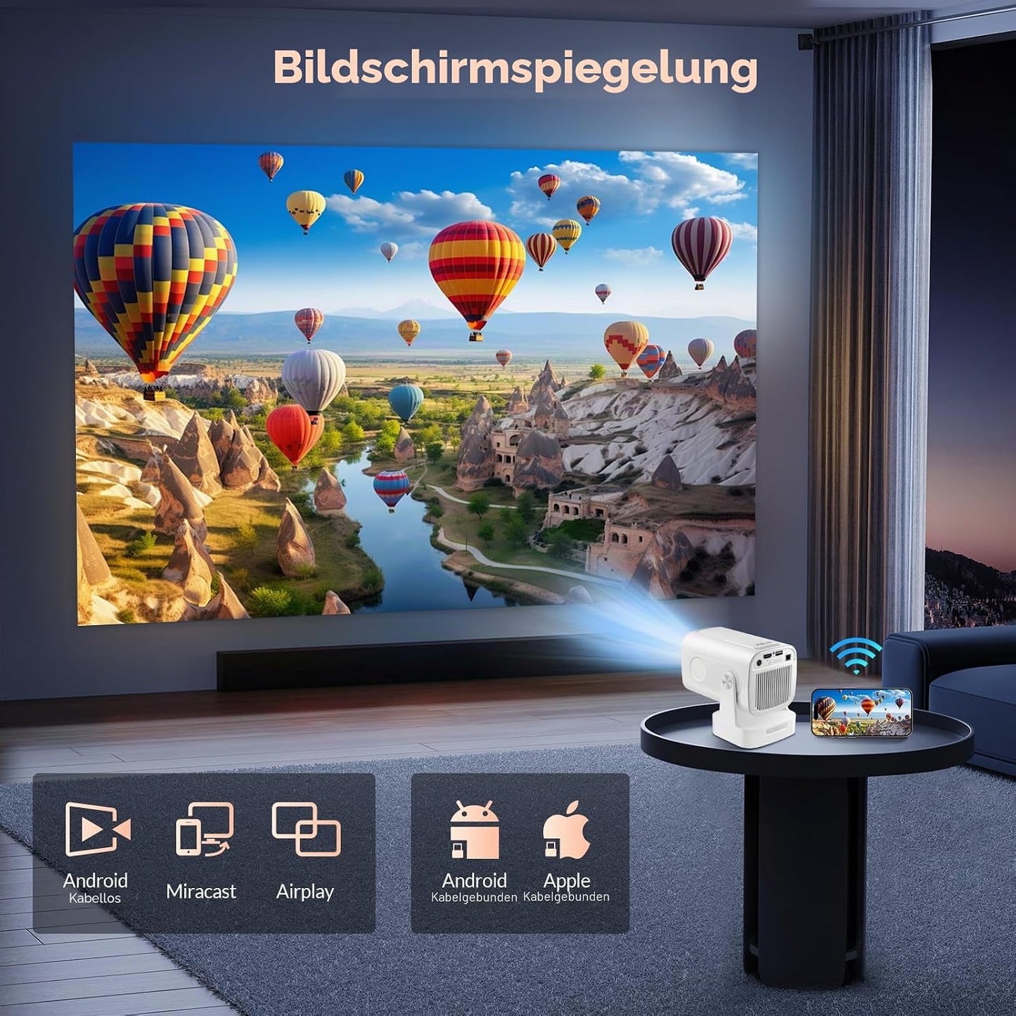 Reiie Smart Mini Beamer Projektor 1080P 4k mit 180° Weiß