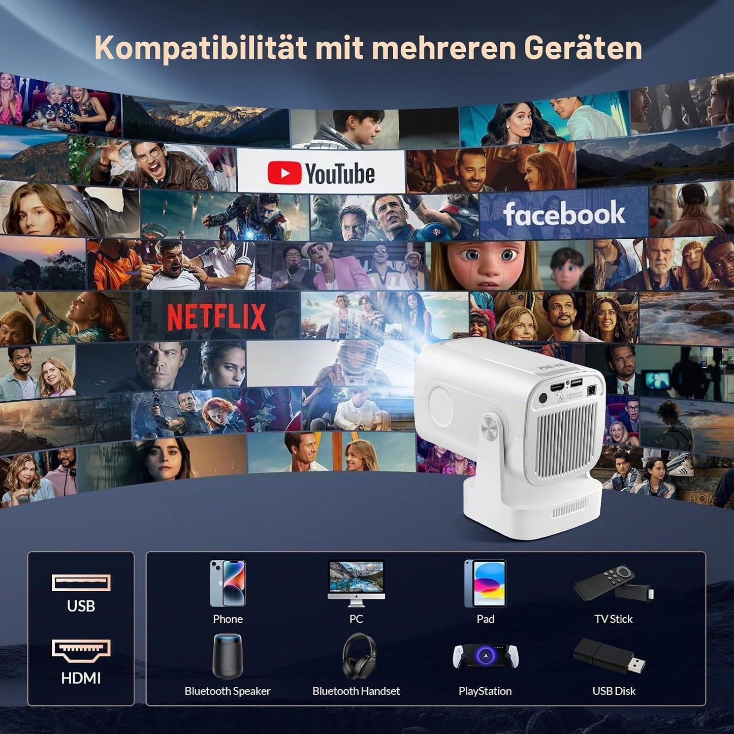 Reiie Smart Mini Beamer Projektor 1080P 4k mit 180° Weiß