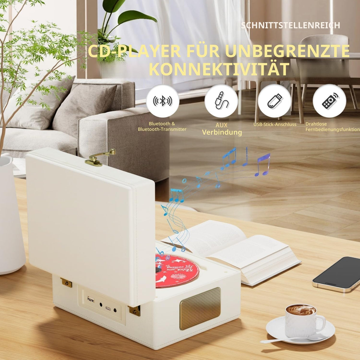Rexitee wiederaufladbarer CD-Player aus Leder mit Lautsprechern, Bluetooth,Weiß