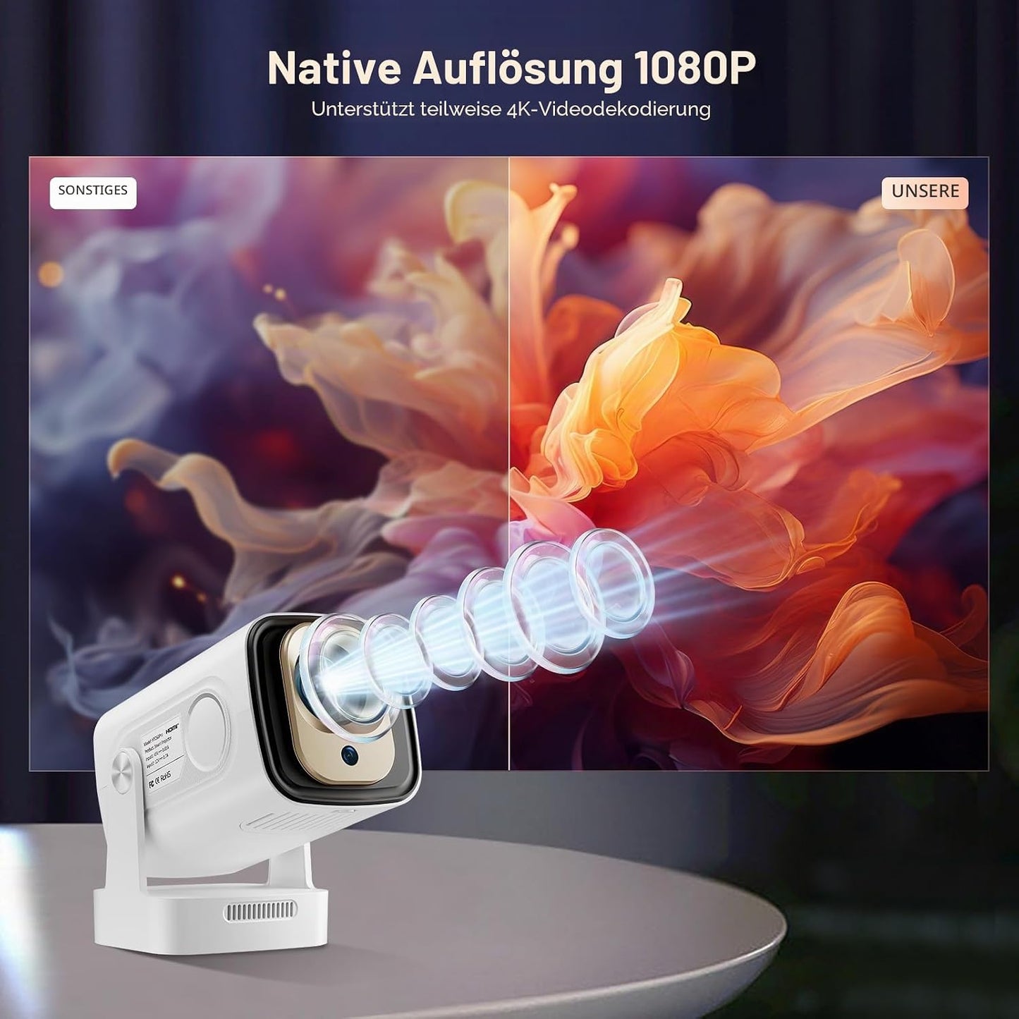 Reiie Smart Mini Beamer Projektor 1080P 4k mit 180° Weiß