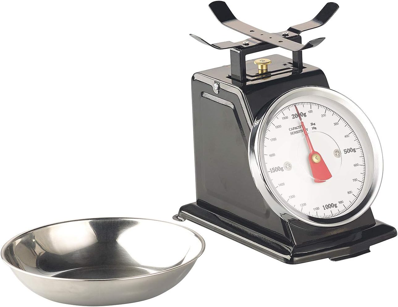 Rosenstein & Söhne Mechanische Küchenwaage: Analoge Retro-Küchenwaage bis 2 kg mit Tara-Funktion, schwarz, Metall (Analoge Waage, Alte Küchenwaage, mechanisch)