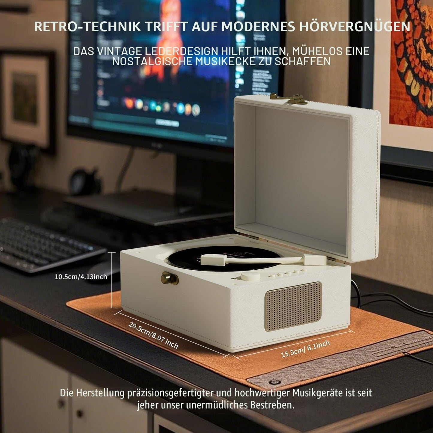 Rexitee wiederaufladbarer CD-Player aus Leder mit Lautsprechern, Bluetooth,Weiß