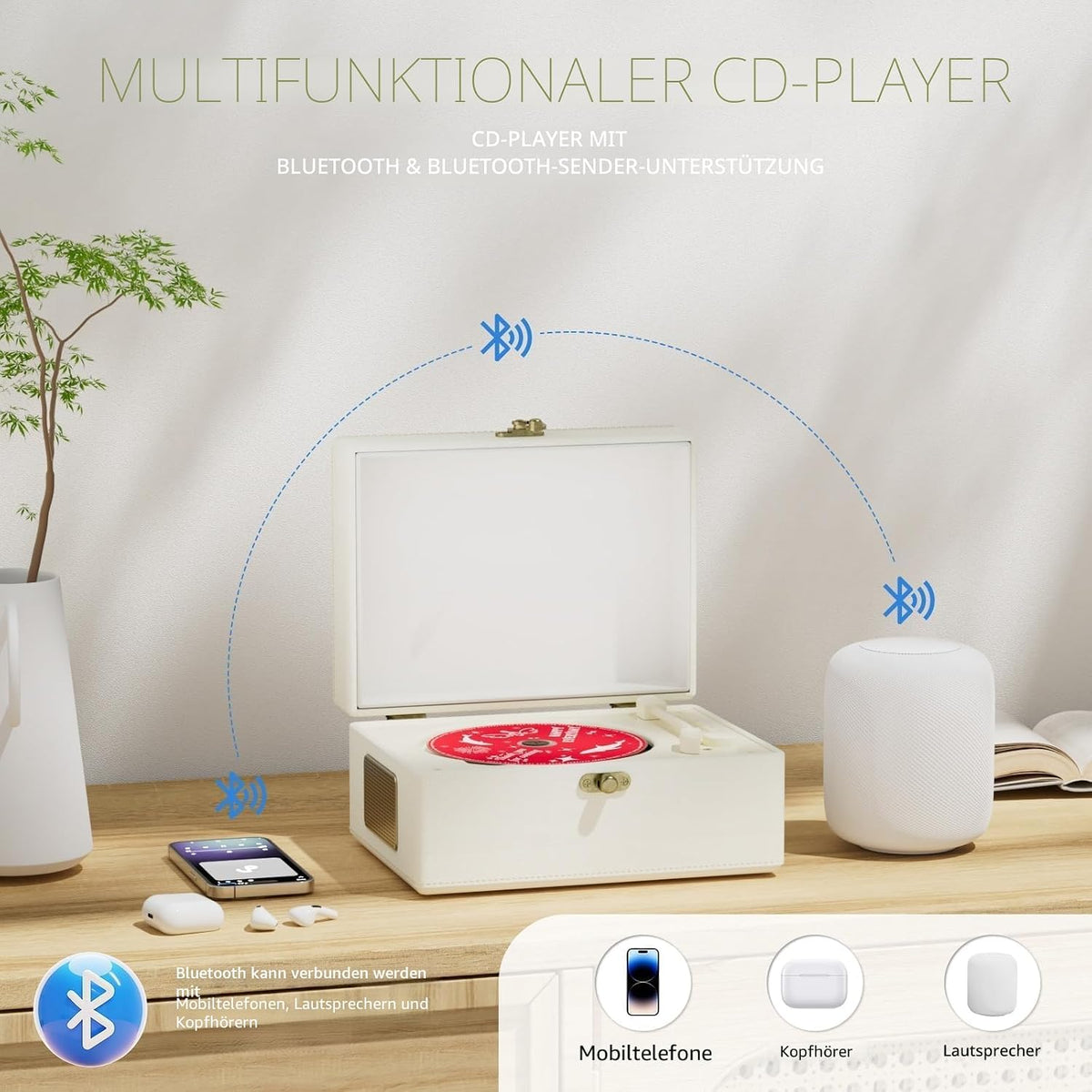 Rexitee wiederaufladbarer CD-Player aus Leder mit Lautsprechern, Bluetooth,Weiß