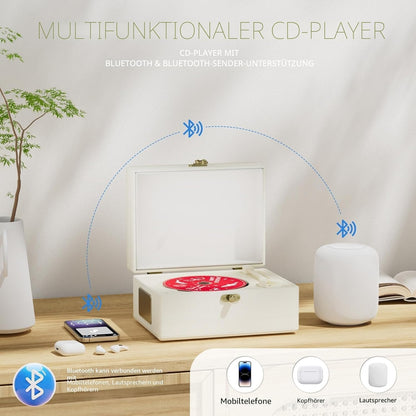 Rexitee wiederaufladbarer CD-Player aus Leder mit Lautsprechern, Bluetooth,Weiß