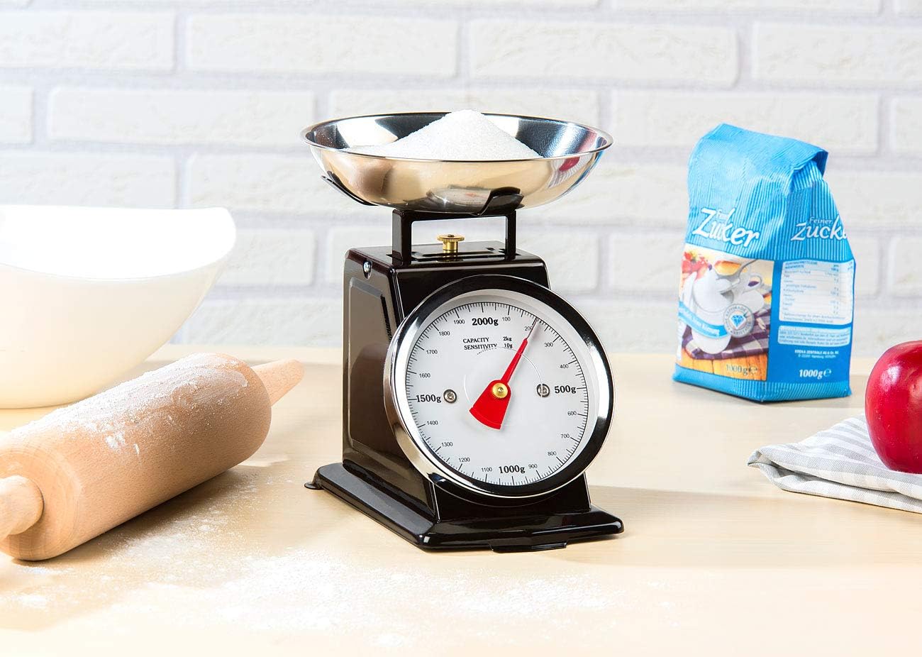 Rosenstein & Söhne Mechanische Küchenwaage: Analoge Retro-Küchenwaage bis 2 kg mit Tara-Funktion, schwarz, Metall (Analoge Waage, Alte Küchenwaage, mechanisch)