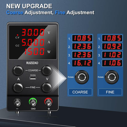 RUZIZAO Labornetzteil, 30 V, 5 A, DC, verstellbar, LED-Anzeige, 4 Ziffern mit USB-Port