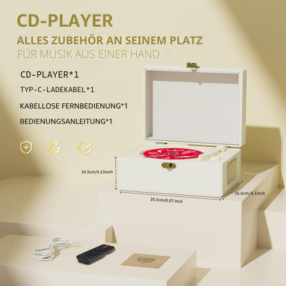 Rexitee wiederaufladbarer CD-Player aus Leder mit Lautsprechern, Bluetooth,Weiß