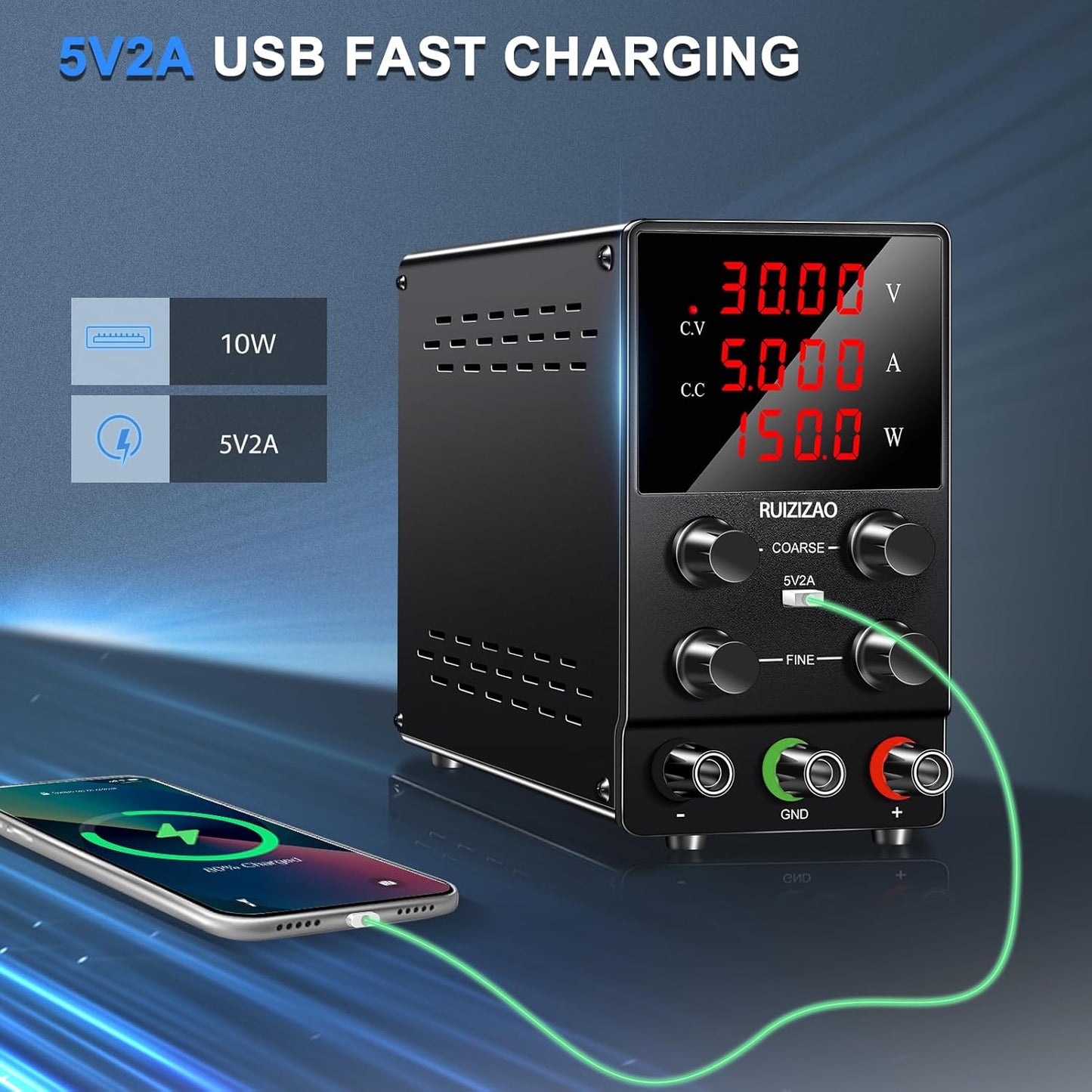 RUZIZAO Labornetzteil, 30 V, 5 A, DC, verstellbar, LED-Anzeige, 4 Ziffern mit USB-Port