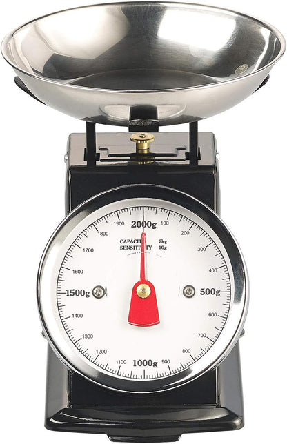 Rosenstein & Söhne Mechanische Küchenwaage: Analoge Retro-Küchenwaage bis 2 kg mit Tara-Funktion, schwarz, Metall (Analoge Waage, Alte Küchenwaage, mechanisch)