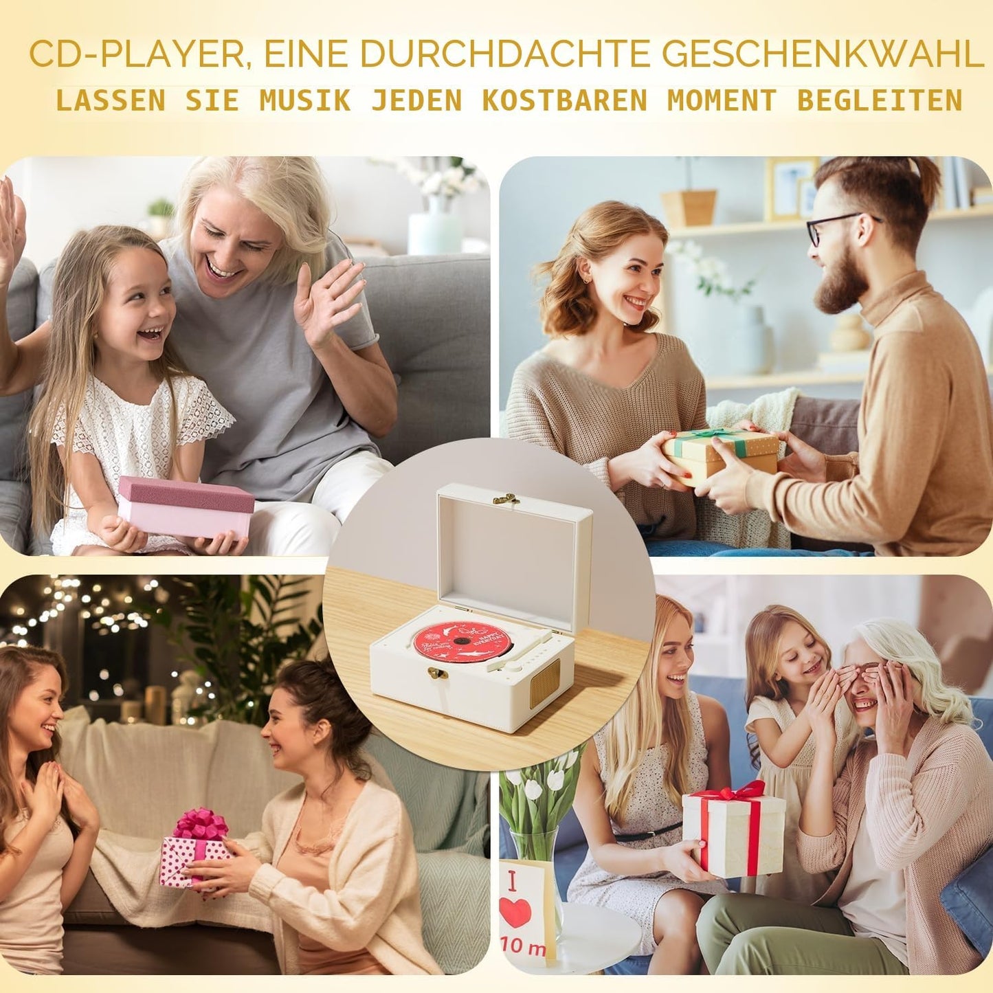 Rexitee wiederaufladbarer CD-Player aus Leder mit Lautsprechern, Bluetooth,Weiß