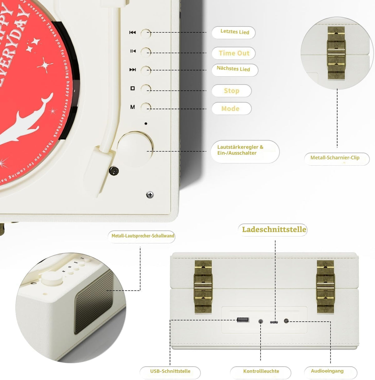 Rexitee wiederaufladbarer CD-Player aus Leder mit Lautsprechern, Bluetooth,Weiß