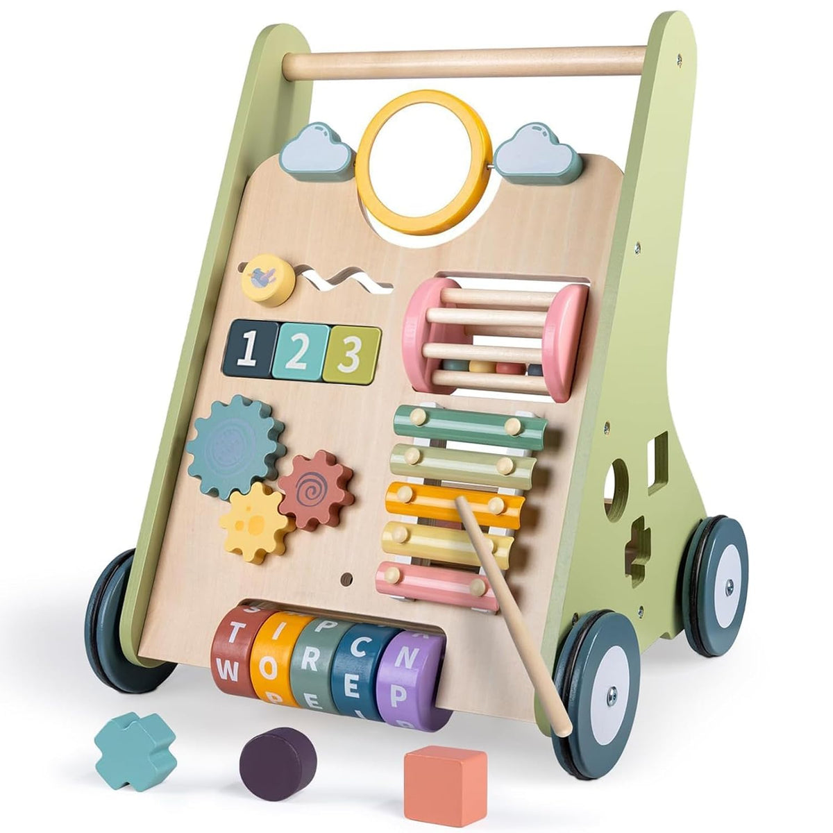 Rainbow Lauflernwagen aus Holz mit Spiel, Lauflernhilfe für Baby ab 1