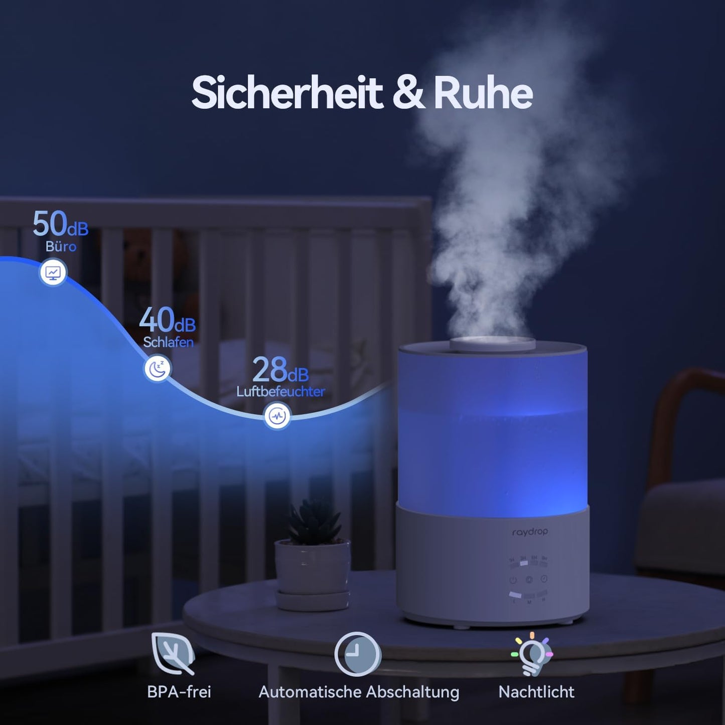 Raydrop Luftbefeuchter Schlafzimmer 3L, Ultraschall Cool Mist,LED-Licht, Timer